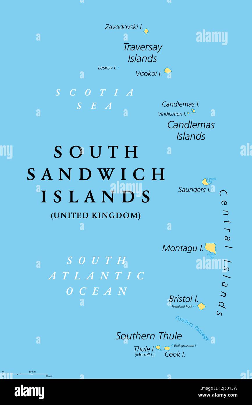 South Sandwich Islands, politische Landkarte. Teil des Britischen Überseeischen Territoriums von Südgeorgien und den Südlichen Sandwichinseln. Inselgruppe. Stockfoto