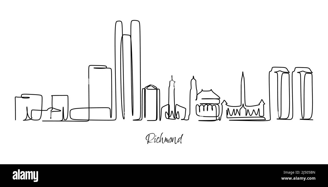 Eine einzige durchgehende Linienzeichnung der Skyline von Richmond, Virginia. Berühmte Stadt Scraper Landschaft. Welt Reise Heim Wanddekoration Kunst Poster Druck c Stock Vektor