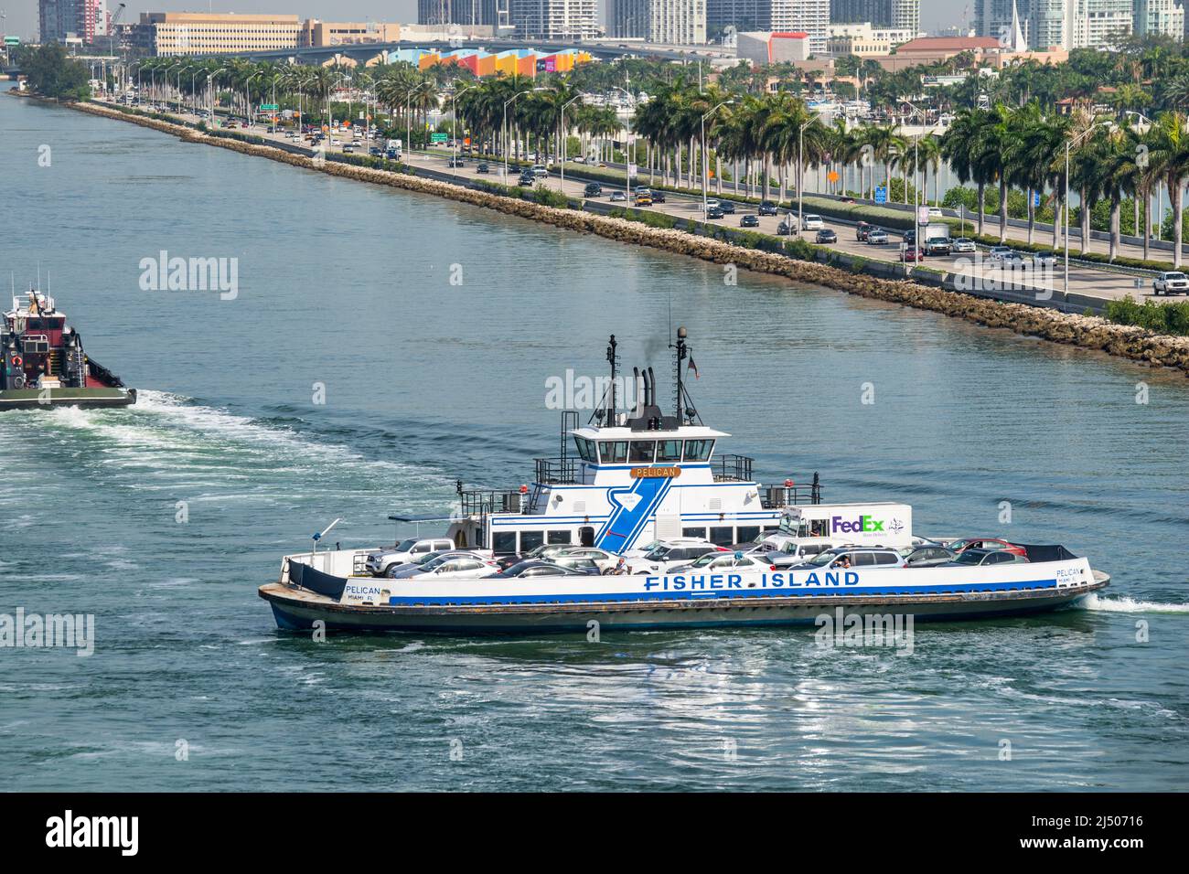 Die Fisher Island Ferry überquert in Government Cut vom Deck eines Kreuzfahrtschiffes aus Miami, Florida, aus die Spur eines anderen Bootes. Stockfoto