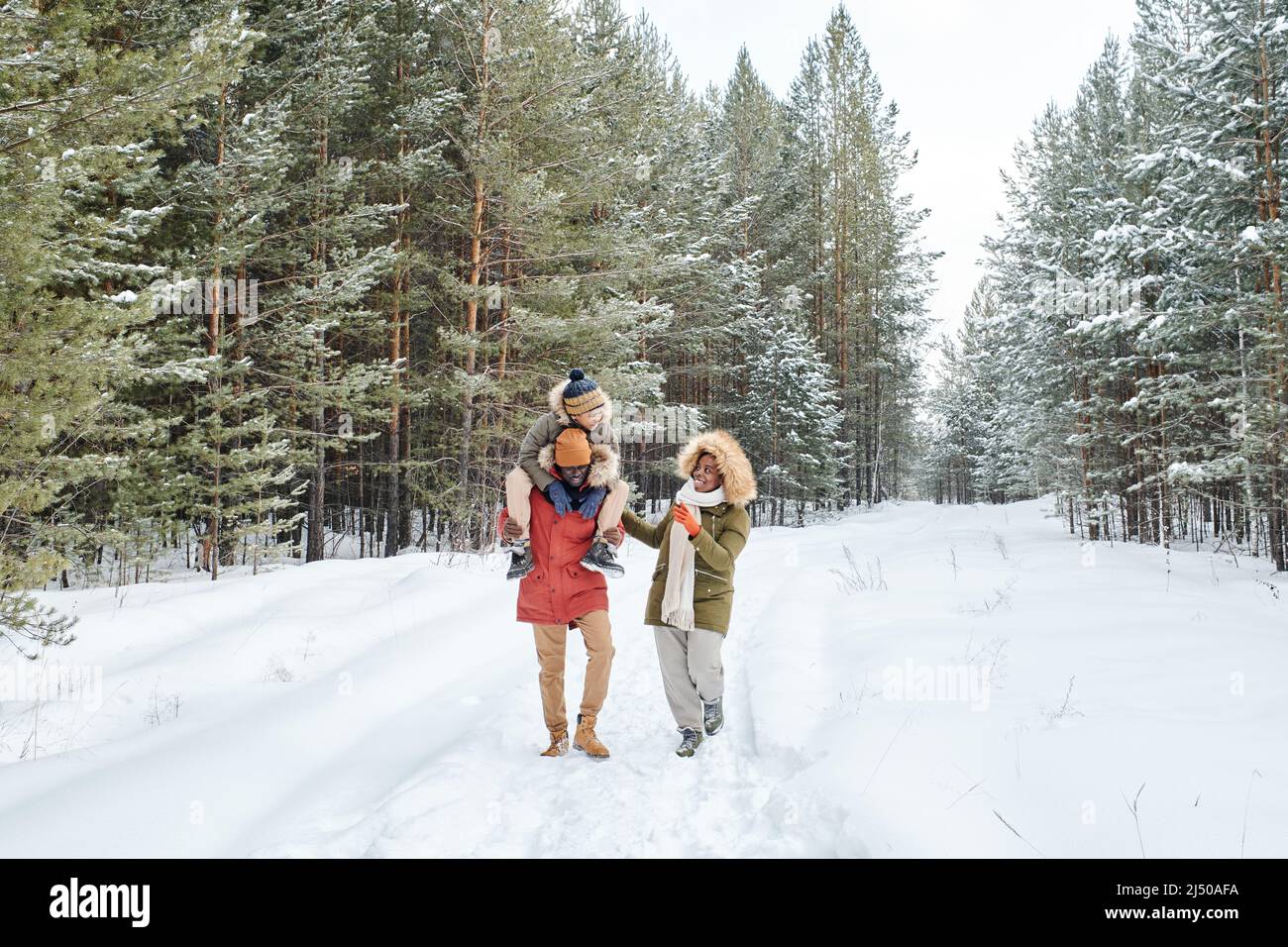 Glücklicher afroamerikanischer Mann, seine Frau und sein Sohn, die an frostigen Wintertagen unter schneebedeckten Nadelbäumen an der frischen Luft spazieren gehen Stockfoto