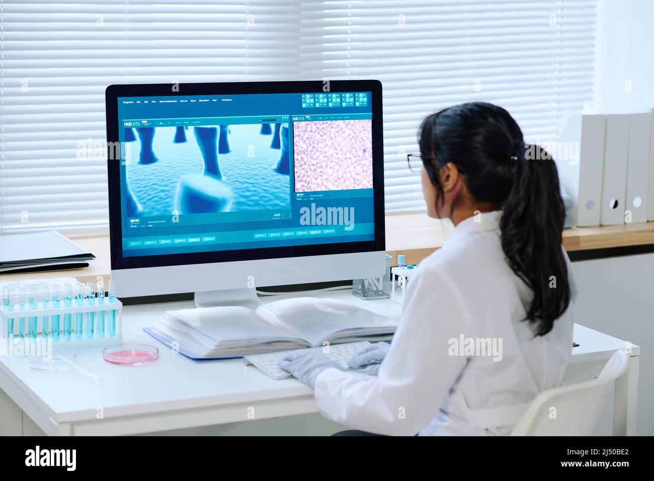 Junger, zeitgenössischer Virologe, der die Eigenschaften des neuen Coronavirus-Stammes untersucht, während er am Arbeitsplatz vor dem Computerbildschirm sitzt Stockfoto