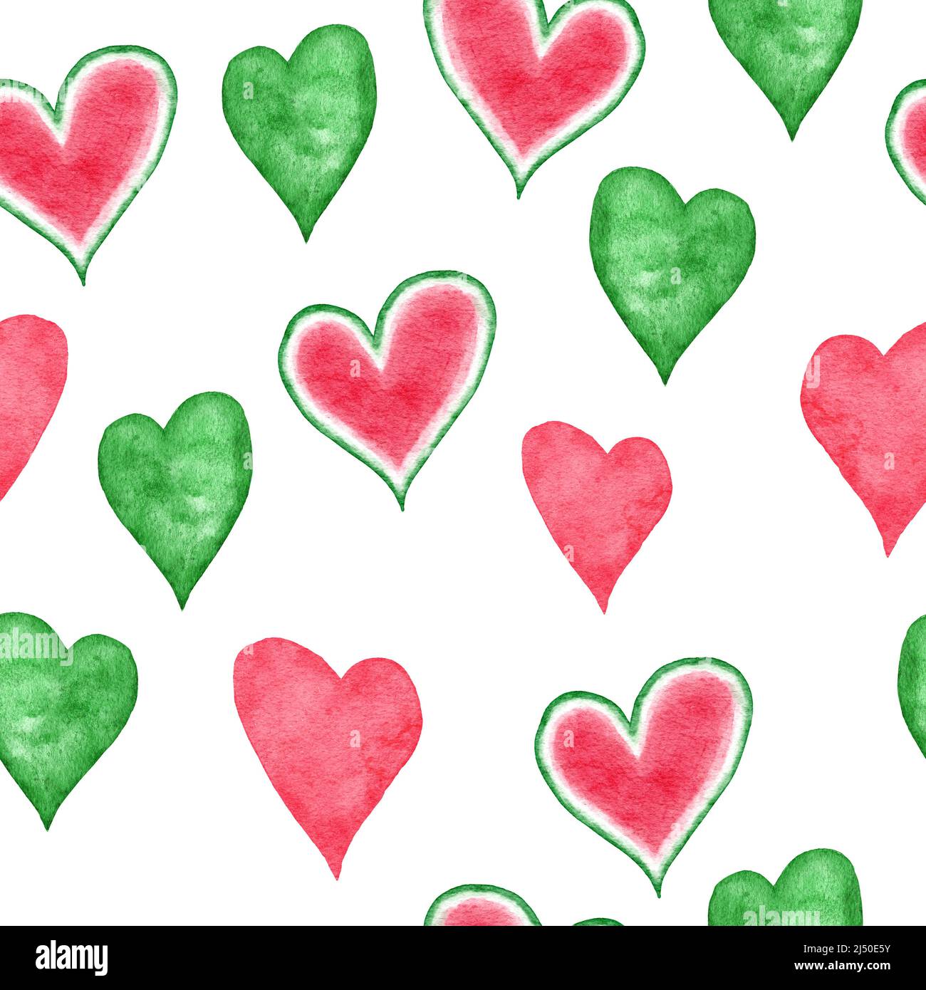 Aquarell nahtlose Hand gezeichnet Muster mit roten grünen abstrakten Formen Elemente Wassermelone Herzen, hellen Sommer Hintergrund. Minimalistisches modernes Stoffdruck-Design für textile Tapeten-Geschenkpapier, einfache organische Formen Stockfoto