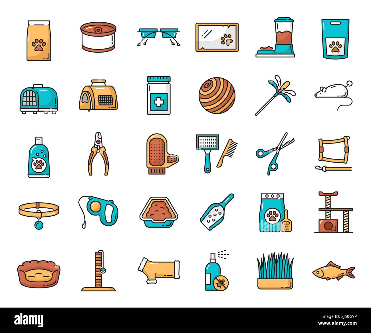 Katze und Kätzchen Tierpflege Farbe Umriss Vektor-Symbole, Pflege und Tiergesundheit, Lebensmittel und Spielzeug. Haustiere Pflegelinie Symbole von Futternapf, Katzenhalsband und Leine, Maus und Ball mit Kissen und Schere Stock Vektor