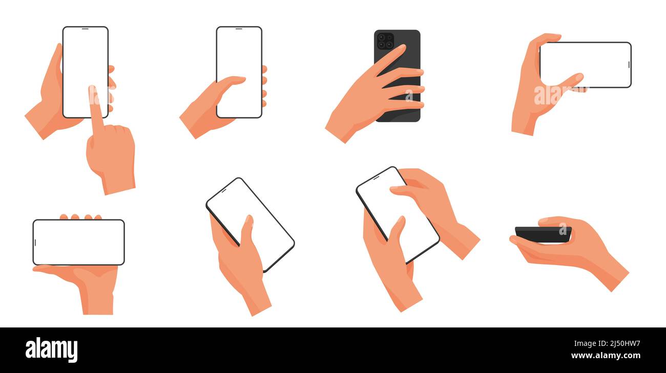 Menschliche Hände halten Mobiltelefon mit leerem leeren Bildschirm Vektordarstellung. Cartoon-Arme berühren Gerät mit Fingern, zoomen, tippen, wischen Gesten isoliert auf weiß. Kommunikation, Internet-Konzept Stock Vektor