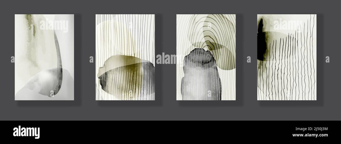 Trendiges Set von Aquarell minimalistischen abstrakten handgemalten Illustrationen. Abstrakte Kompositionen kritzeln verschiedene Formen. Ideal für Design Wanddekoration Stock Vektor
