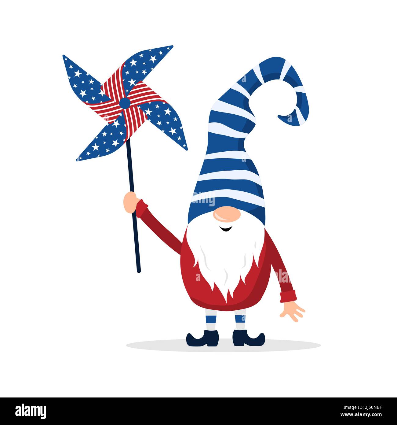 Patriotischer amerikanischer Zwerg. Skandinavischer Zwerg mit Windrad. Elf feiern den Unabhängigkeitstag in den Vereinigten Staaten. Frohes 4.. juli. Vektor Stock Vektor