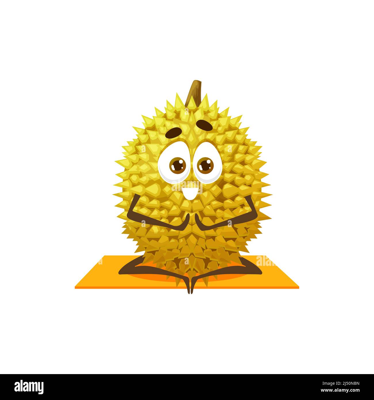 Tropischer Durian sitzt in Lotuspose auf Yoga-Matte isoliert sportliche Frucht Cartoon-Figur. Vector riechende Früchte, Brotfrucht-Jackfrucht mit Spikes, sportliches Emoji-Emoticon, gesundes Bio-Essen Stock Vektor