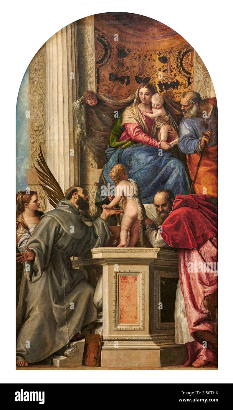 Madonna col Bambino con S. Giuseppe, S. Francesco d’ Assisi, S. Giovannino e una santa martire - olio su tela - Paolo Caliari detto Veronese - 1562 Stockfoto