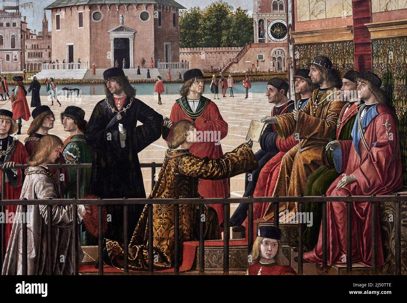 Storie di Sant’ Orsola, particolare da „ L’arrivo degli ambasciatori inglesi presso il re di Bretagna “ - olio su tela - Vittore Carpacio - 1498 - Stockfoto