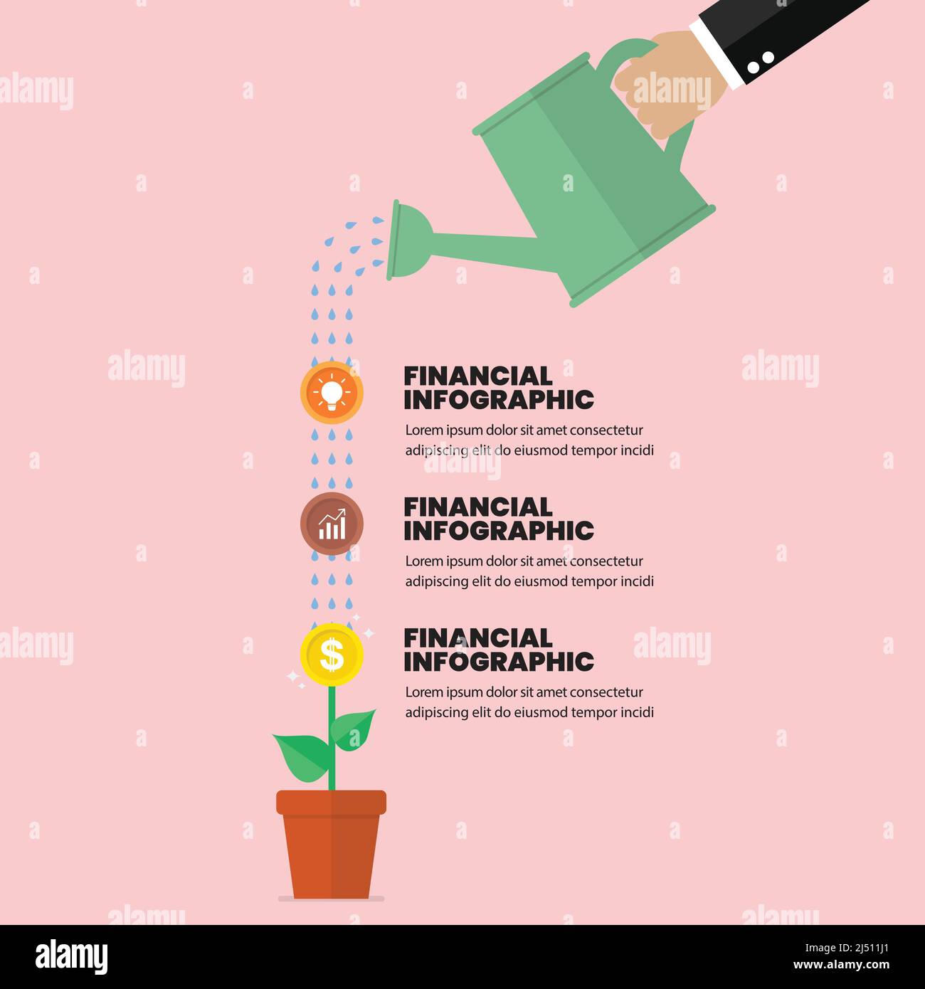 Infografik zur handbewässerungsreichen Geldanlage. Vektorgrafik Finanzkonzept Stock Vektor