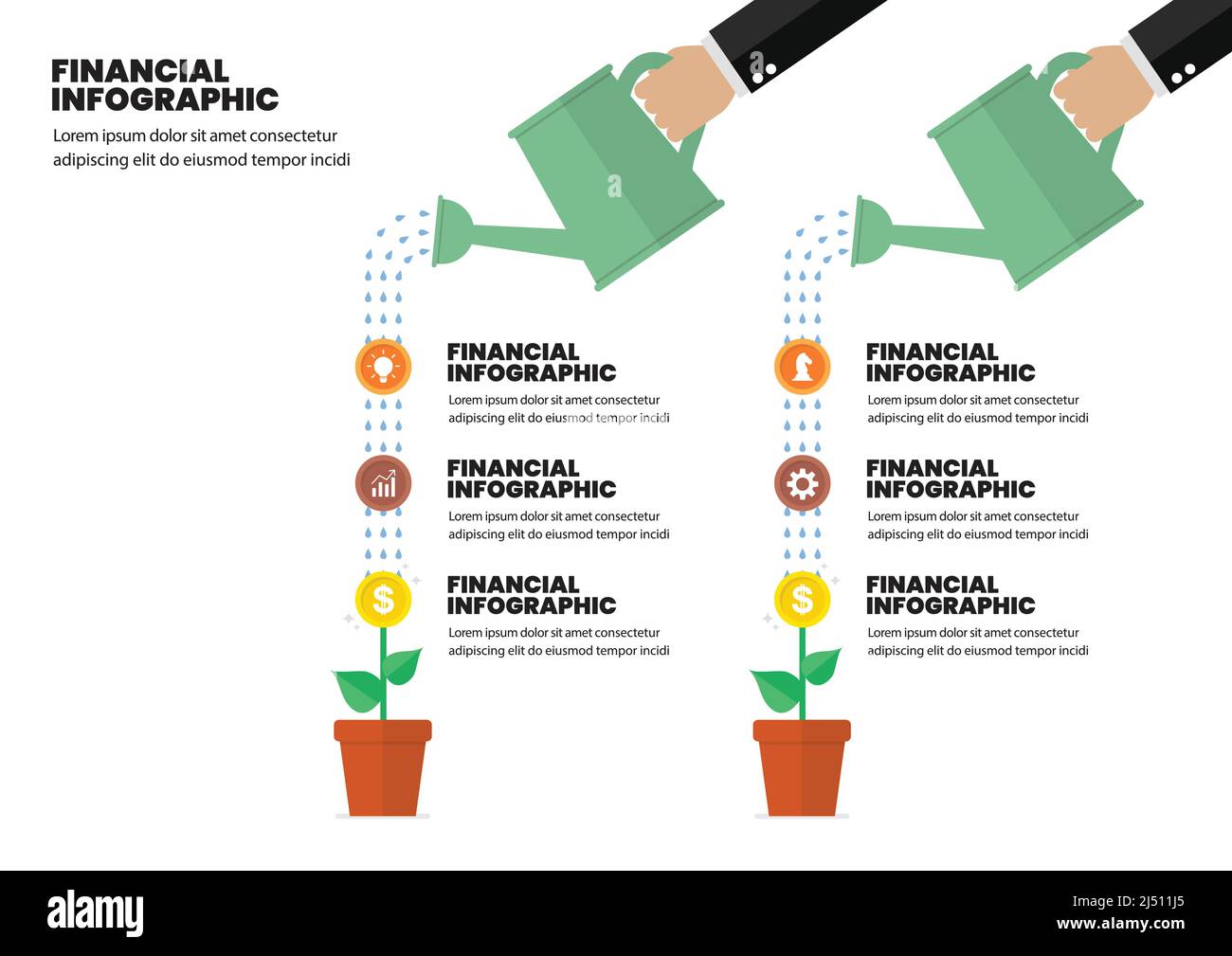 Infografik zur handbewässerungsreichen Geldanlage. Vektorgrafik Finanzkonzept Stock Vektor