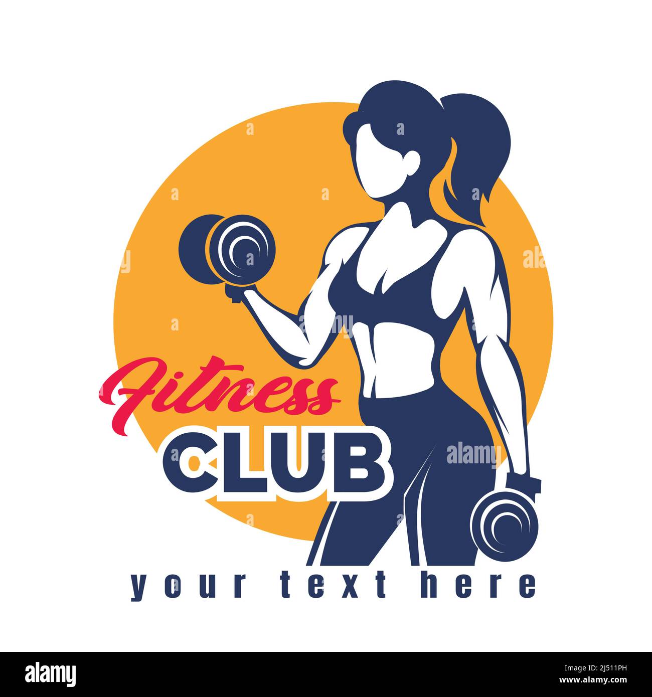 Fitness Logo oder Emblem mit Training Frau isoliert auf weißem Hintergrund. Vektorgrafik. Stock Vektor