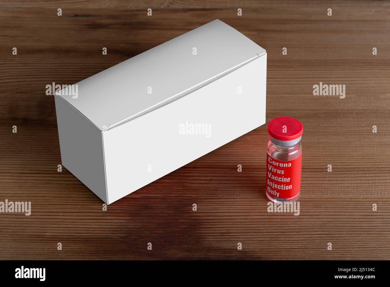 Fläschchen-Box mit einem Fläschchen auf der Vorderseite auf Holzbrett. Bearbeitbare Modell-Serie Vorlage bereit für Ihr Design. Box Gesichter und Flasche Label Auswahlpfad inkl Stockfoto