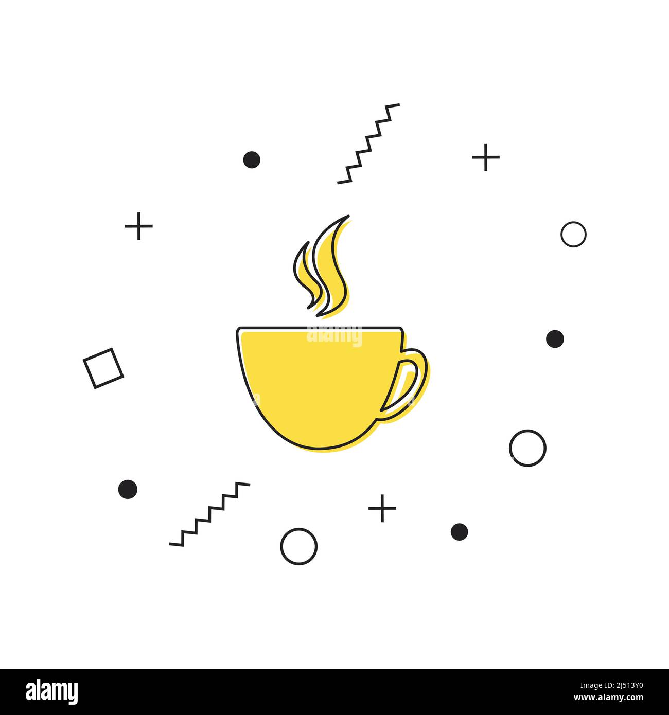 Symbol für eine Tasse Heißgetränk. Gelbes Kaffeetassen-Symbol mit geometrischen Formen auf weißem Hintergrund. Vektor Stock Vektor