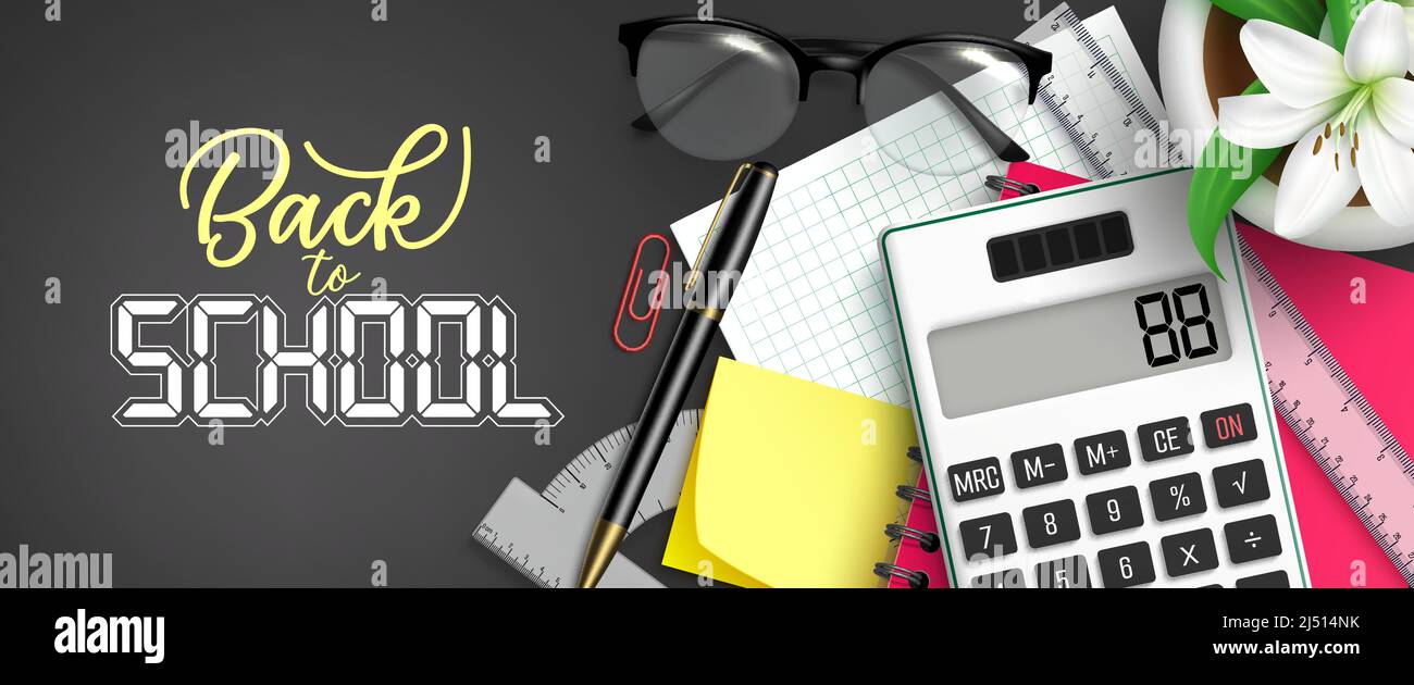 Zurück zur Schule Vektor-Design. Zurück zum Schultext mit Rechner, Brille und Kugelschreiber in Lernelementen für pädagogisches Lernen Kopierraum. Stock Vektor