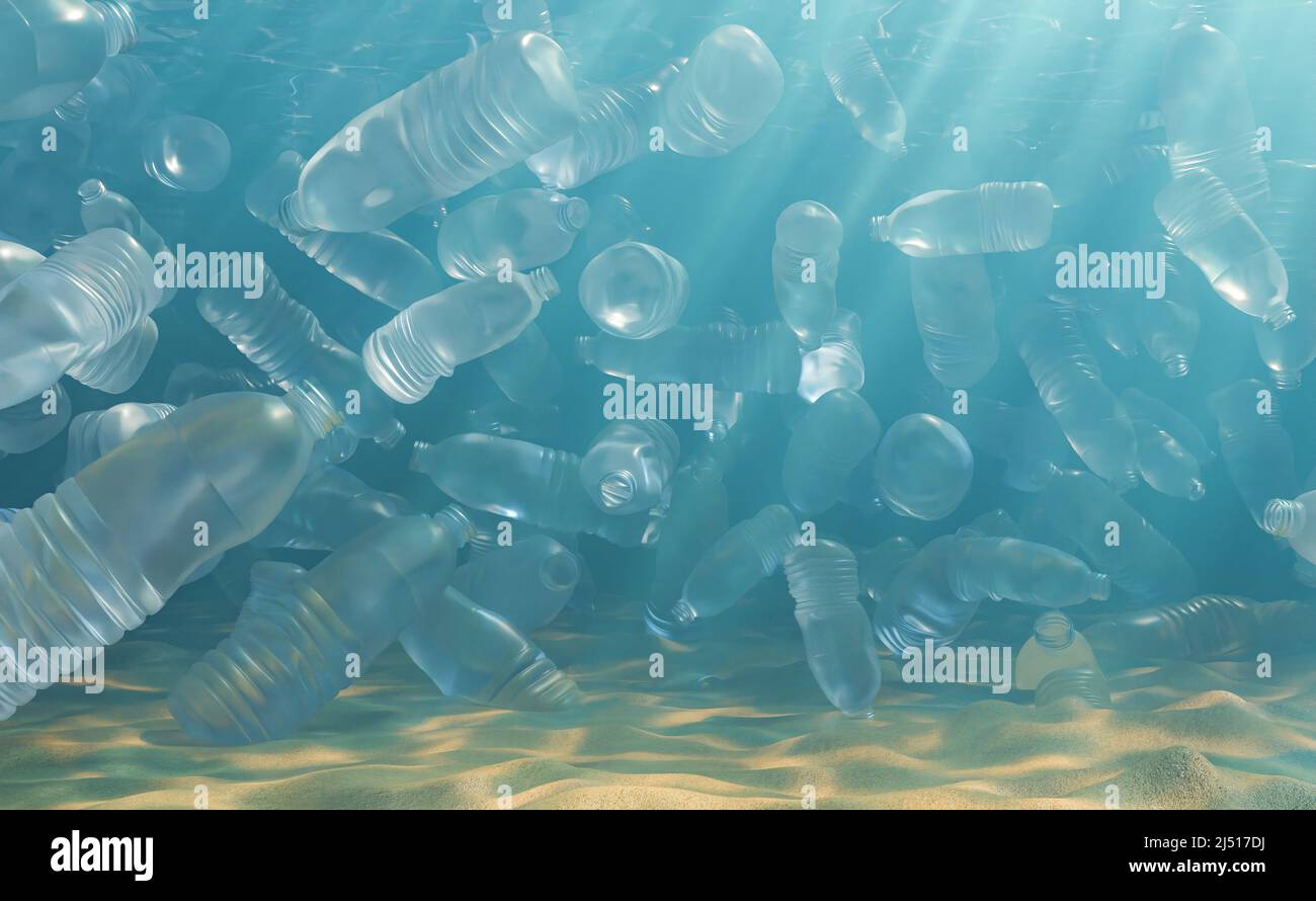 Haufen von Plastikflaschen schwimmen in verschmutztem Meer mit sandigen Boden und Licht Blendung an sonnigen Sommertag in der Natur. 3D Rendern Stockfoto Haufen von Plastikflaschen schwimmen in verschmutztem Meer mit sandigen Boden und Licht Blendung an sonnigen Sommertag in der Natur. 3D Rendern Stockfoto