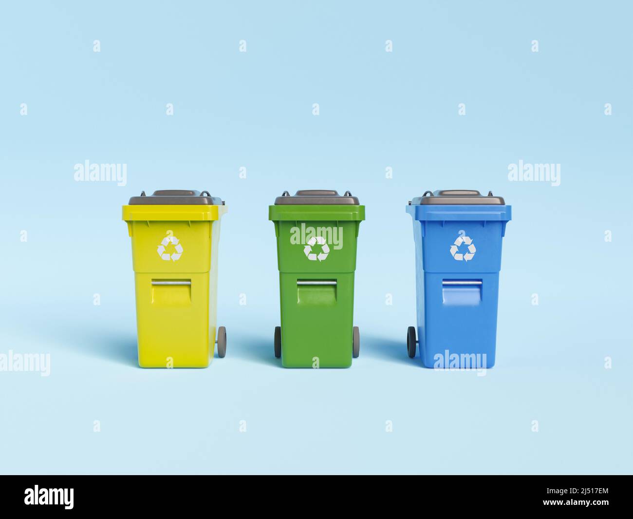 3D Illustration von bunten Recycling-Behältern für verschiedene Abfallarten, die auf blauem Hintergrund in Reihe gestellt werden Stockfoto