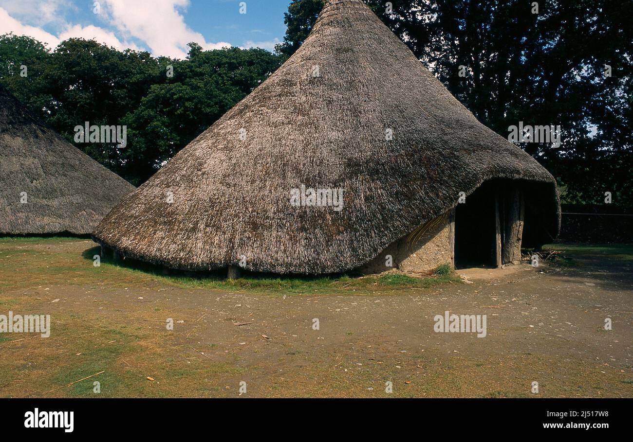 Strohhütte bei Castell Henllys, Pembrokeshire, West Wales. Stockfoto