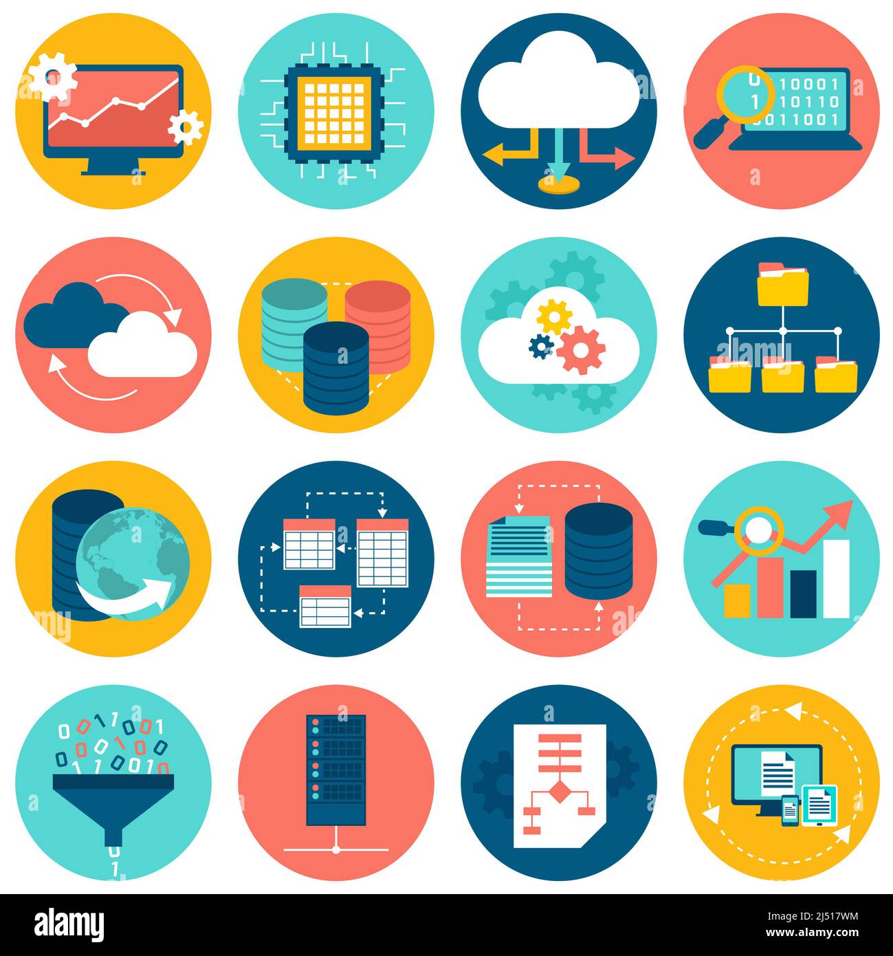Datenanalyse Datenbank Netzwerk Technologie Einstellungen Symbole Flat Set isoliert vektorgrafik Stockfoto