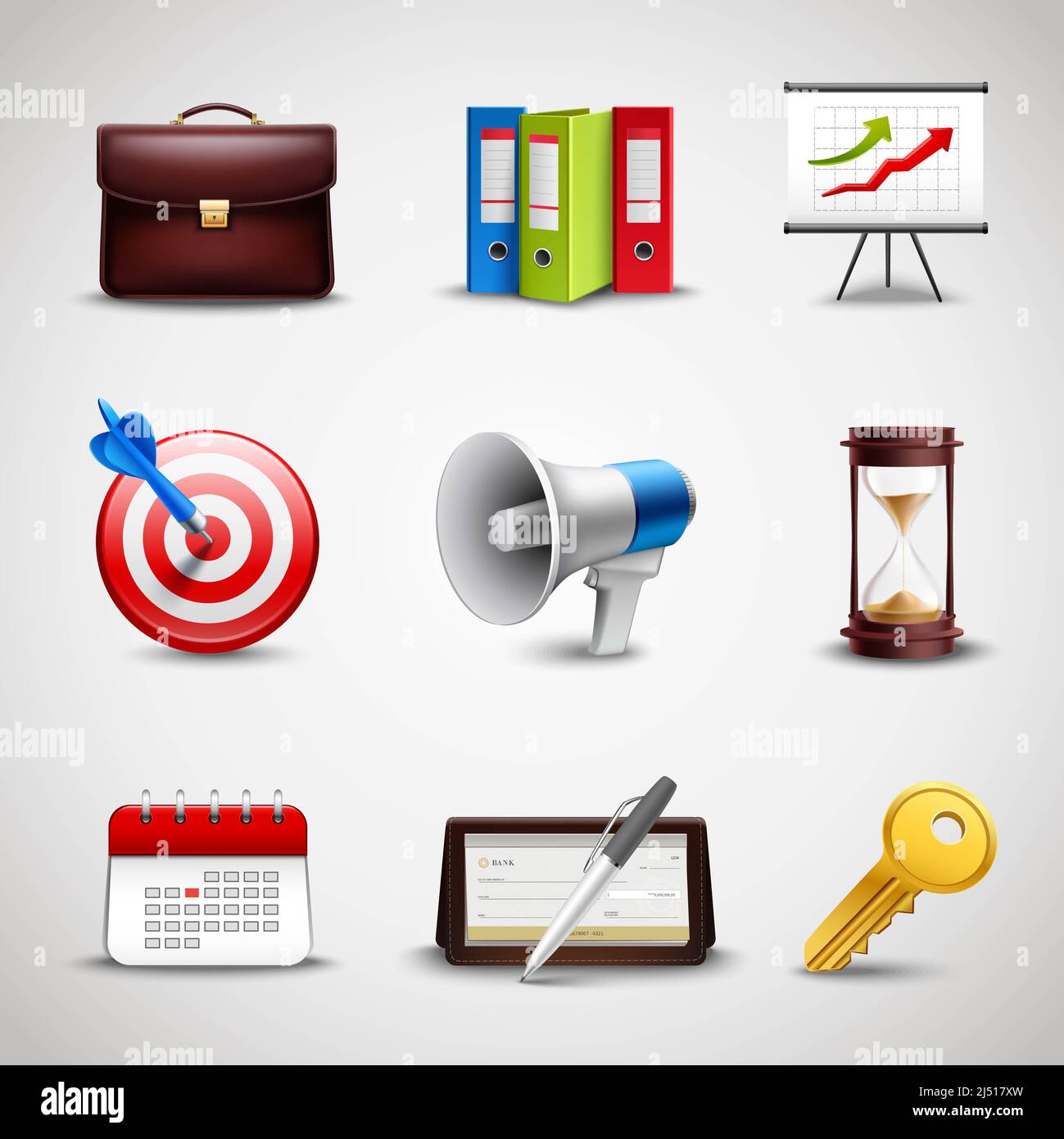 Realistische Business-Symbole mit 3d-Aktenkoffer-Ordner und Diagramm Isolierte Vektordarstellung Stockfoto