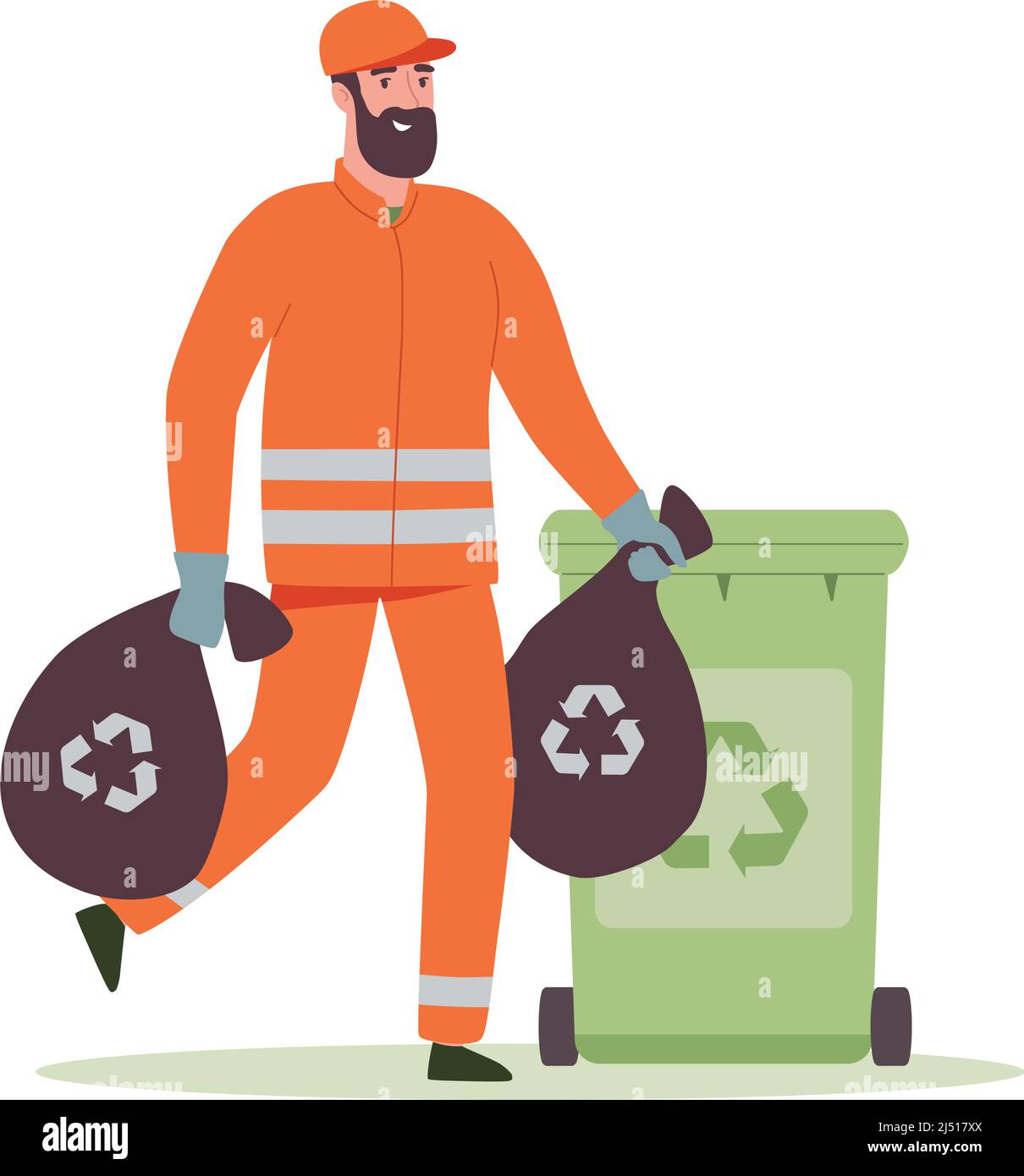 Hausmeister in trägt Müllsäcke in den Abfalleimer der Stadt. Ein Mann in Uniform reinigt Abfälle in Recyclingbehältern für die getrennte Müllwiederverwendung. Vektor-Illustration in flacher Form auf einem weißen Stock Vektor