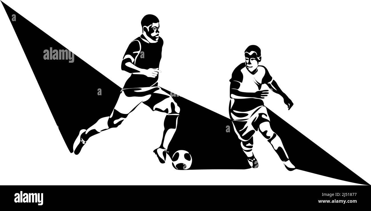 Zwei Fußball, Fußballspieler treten den Ball. Isolierte Vektorsilhouette. Fußballverteidiger, Stürmer oder Torhüter Stock Vektor