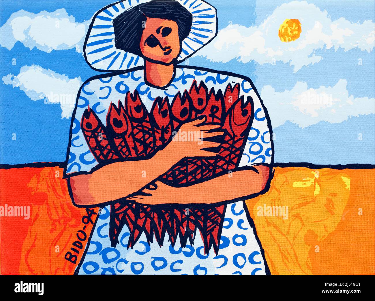 Leinwand-Siebdruck von Candido Bido, typisch für seinen Stil, mit leuchtenden Farbstoffen, der Sonne und einer Frau aus der Dominikanischen Republik, die hier 9 Fische hält Stockfoto