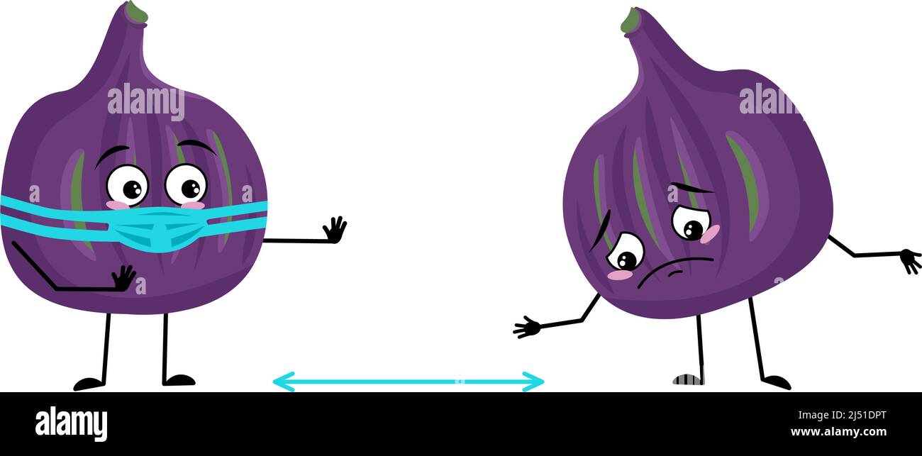 Fig Charakter mit Gesicht in medizinische Maske halten Abstand, Arme und Beine. Person mit Sorgfalt Ausdruck, violette Frucht Emoticon. Vektorgrafik flach Stock Vektor