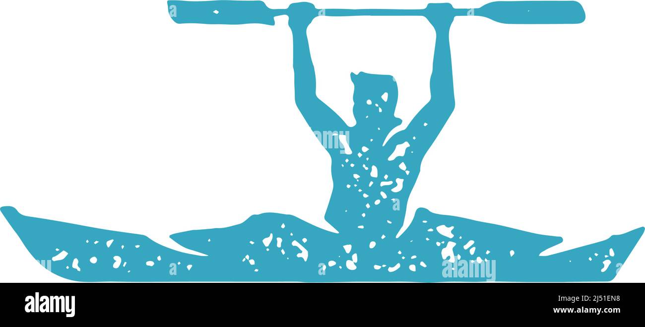 Männlicher Sportler, der auf dem Wasserfluss schwimmt und Paddel über den Kopf hält, genießt das Kajakfahren von Extremsport Hobby Grunge Texture Vector Illustration. Rafting, los Stock Vektor