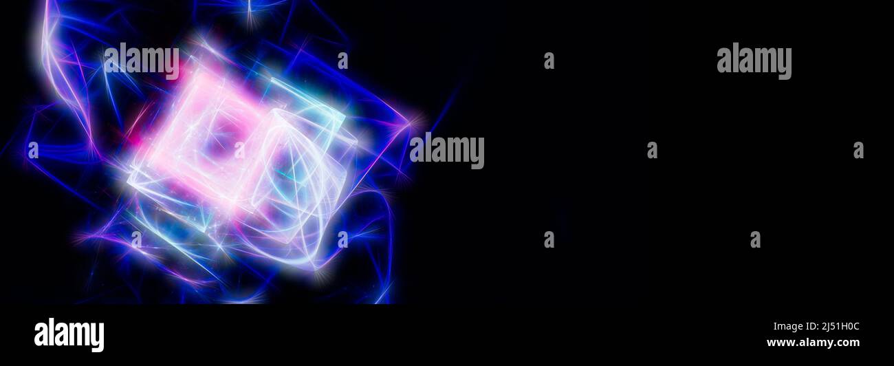 Mehrfarbige neon leuchtende Technologie Formen mit schwarzem leeren Raum, Computer generiert abstraktes Widescreen-Banner, 3D Rendering Stockfoto