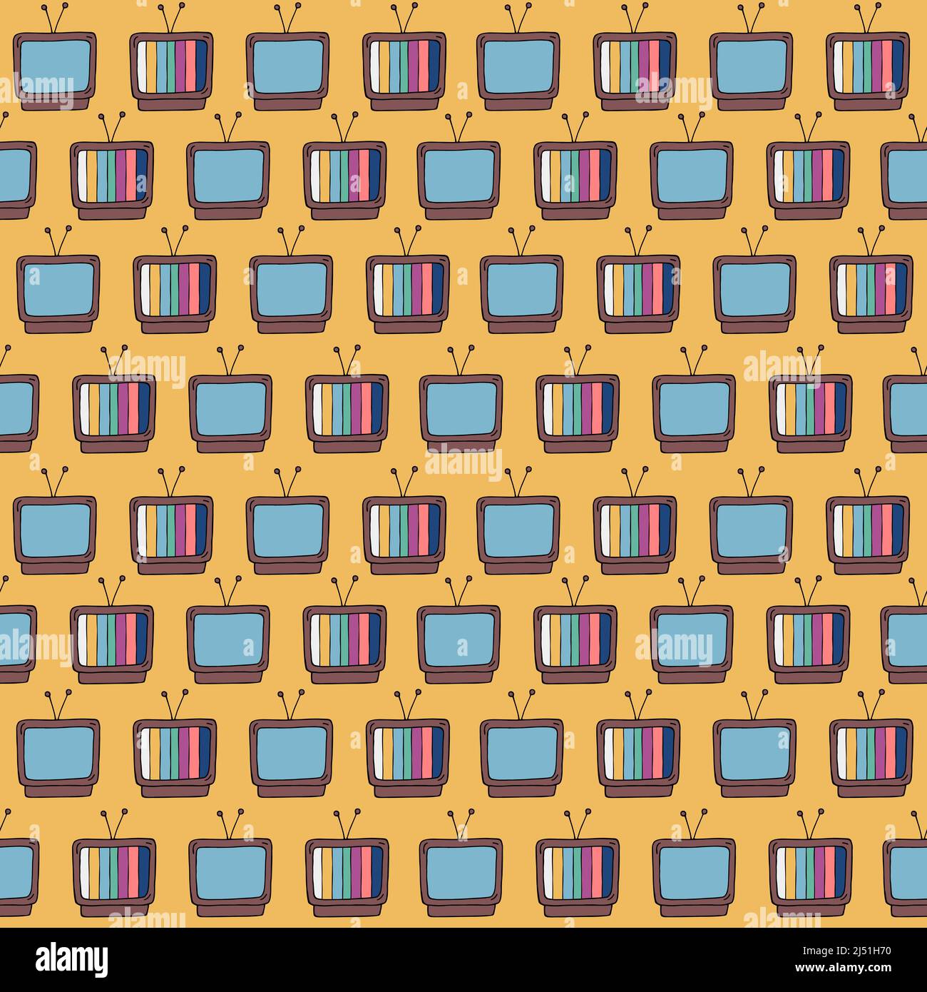 Retro-TV-Muster. 90s oder 80s Stil kritzelt nahtlosen Hintergrund. Farbenfroher alter Fernseher. Doodle-Illustration für Vintage-Designs. Stock Vektor