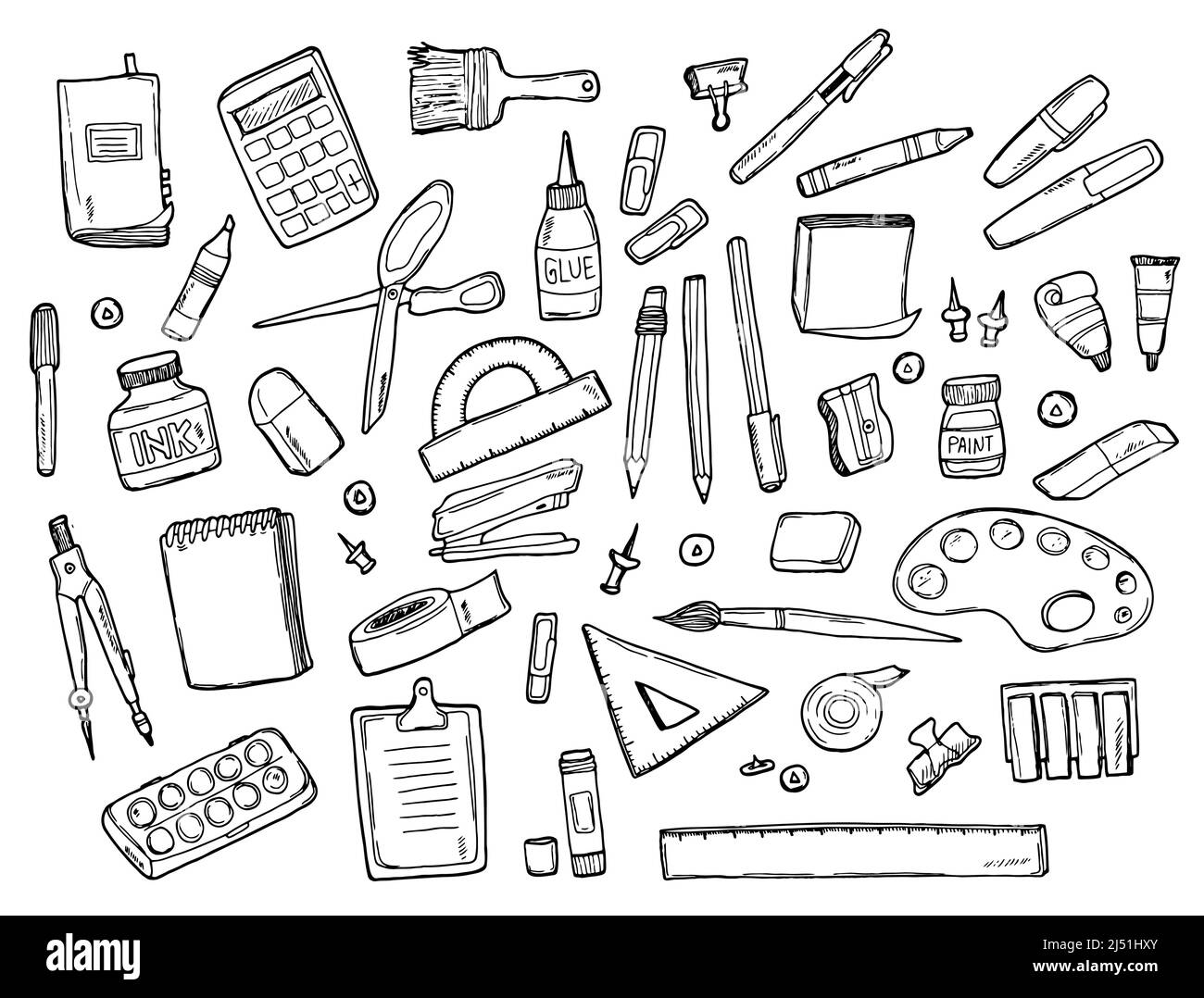 Doodle Satz von Schreibwaren Zeichnungen. Vektorgrafik. Zurück zum Schulkonzept. Kunst und Schulbedarf Stock Vektor
