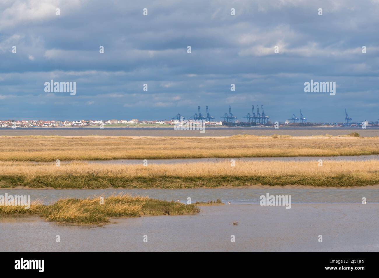 Harwich Dock Kräne und Dovercourt Küste, von Naze Beach Essex England UK genommen. Februar 2022. Stockfoto