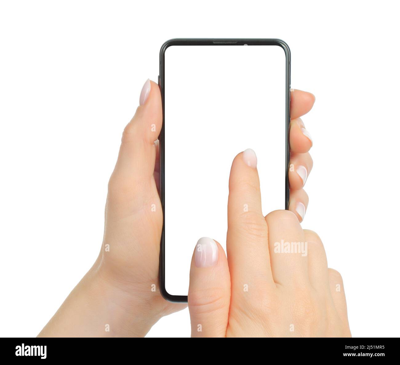 Handberührender Bildschirm des modernen Smartphones, isoliert auf weißem Hintergrund Nahaufnahme Stockfoto