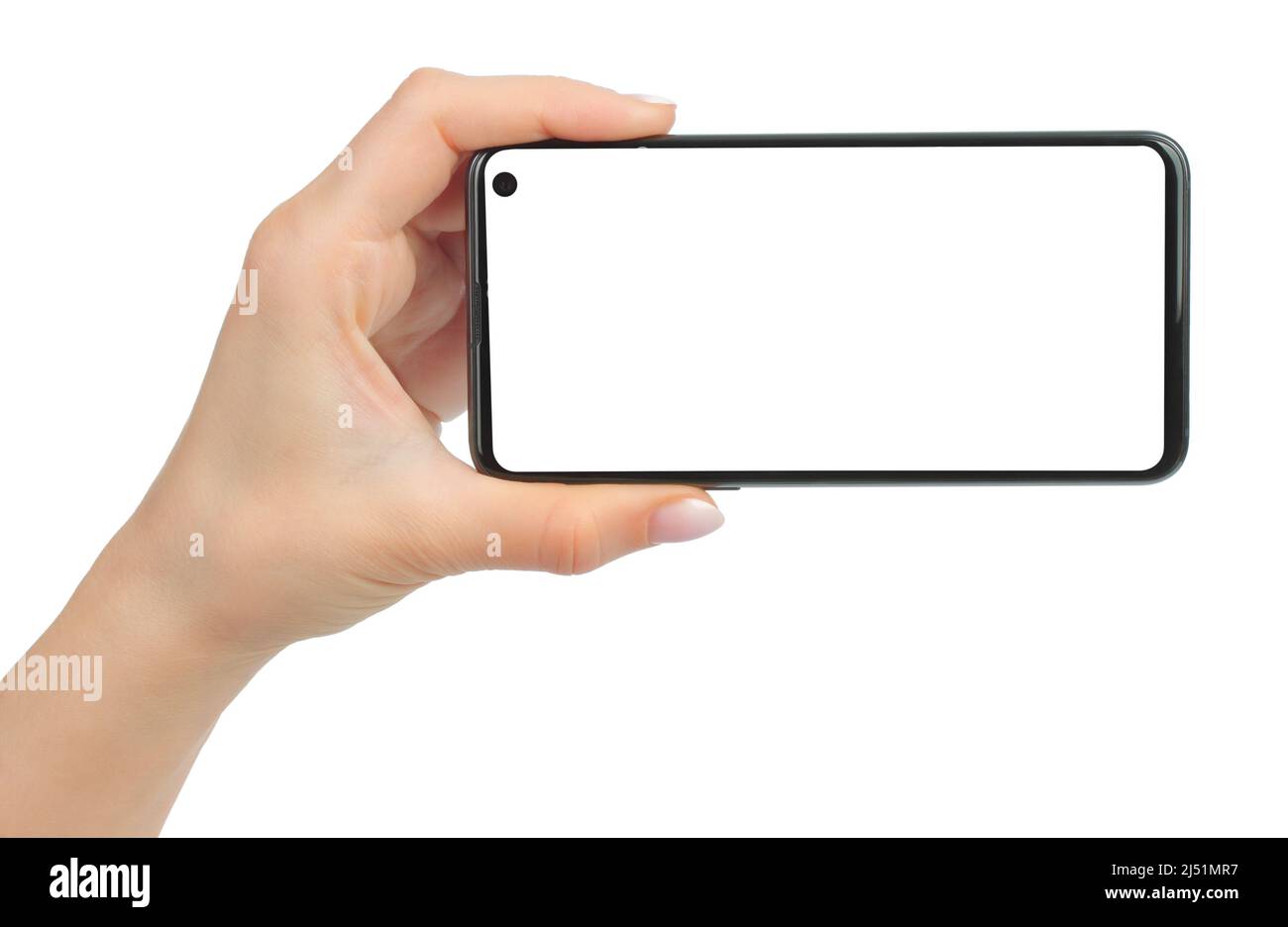 Modernes Smartphone mit Handgriff, isoliert auf weißem Hintergrund, Nahaufnahme Stockfoto