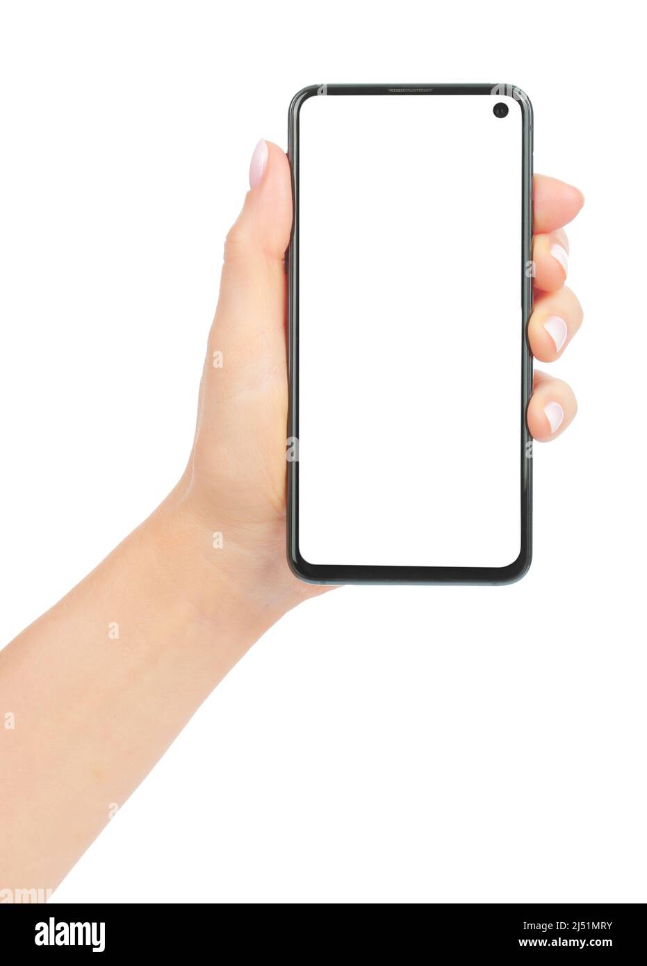Modernes Smartphone mit Handgriff, isoliert auf weißem Hintergrund, Nahaufnahme Stockfoto