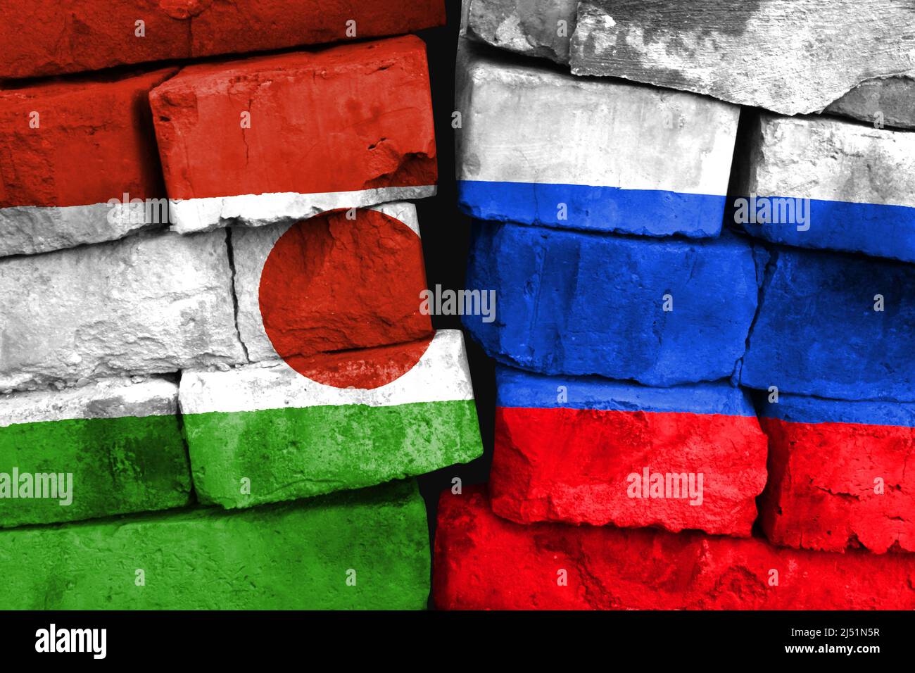Konzept des Verhältnisses zwischen Niger und Russland mit zwei bemalten Fahnen auf einer beschädigten Ziegelwand Stockfoto