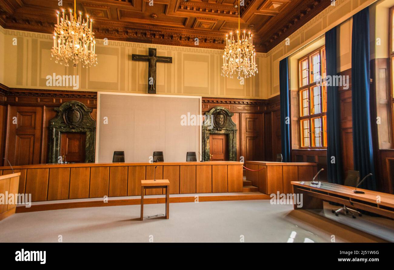 Nürnberger Gerichtssaal 600, Memorium Nürnberger Prozesse, Nürnberg, Deutschland Stockfoto