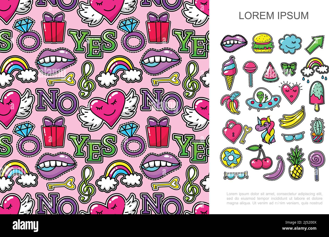 Pop Art Mode Patches Konzept mit hellen Cartoon-Sticker und Nahtlose Muster von bunten Abzeichen Vektor-Illustration Stock Vektor