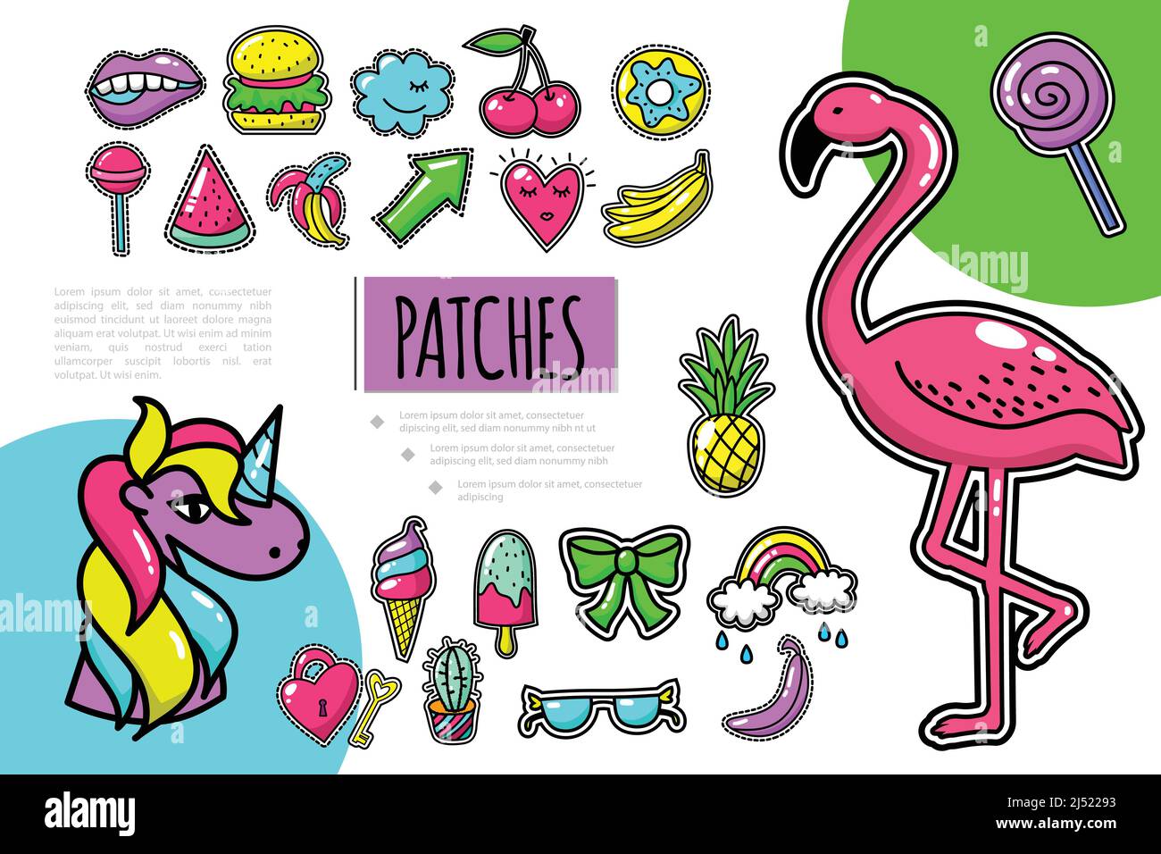 Pop Art Patches Komposition mit Flamingo Einhorn Früchte Bogen Regenbogen Brillen Schlüssel Burger Kirsche Donut Mund Lollipop Vektor Illustration Stock Vektor