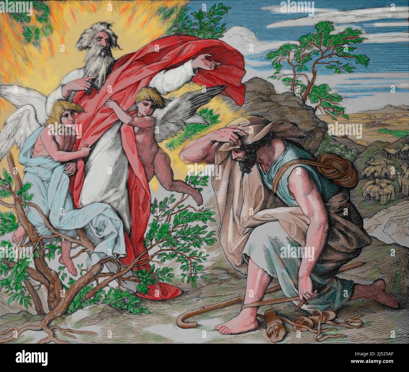 Moses am brennenden Bush.. Exodus. Stich von Julius Schnorr von Carolsfeld (1794-1872) Stockfoto