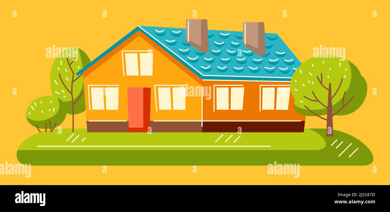 Hintergrund mit niedlichen Häusern und Bäumen. Land bunte Hütte Illustration. Stock Vektor