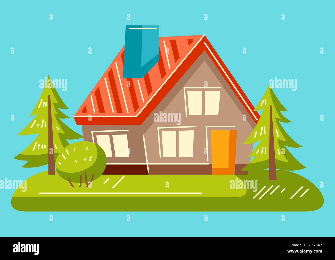 Hintergrund mit niedlichen Häusern und Bäumen. Land bunte Hütte Illustration. Stock Vektor