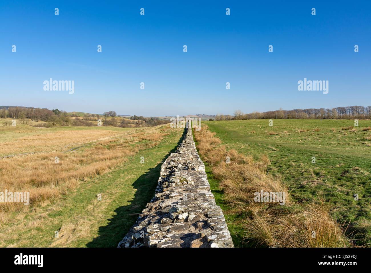 Die Hadrianmauer, auch als römische Mauer bekannt, ist eine ehemalige Verteidigungsfestung der römischen Provinz Britannien, die 122 n. Chr. unter der Herrschaft von begann Stockfoto