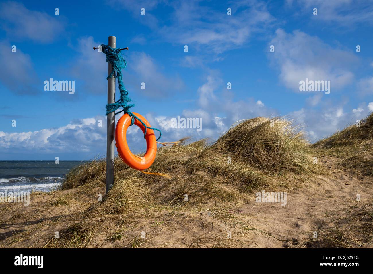 Eine gebrettete Life Boje, die in der Meeresbrise in den Sanddünen der Embleton Bay, Northumberland Coast, England, weht Stockfoto