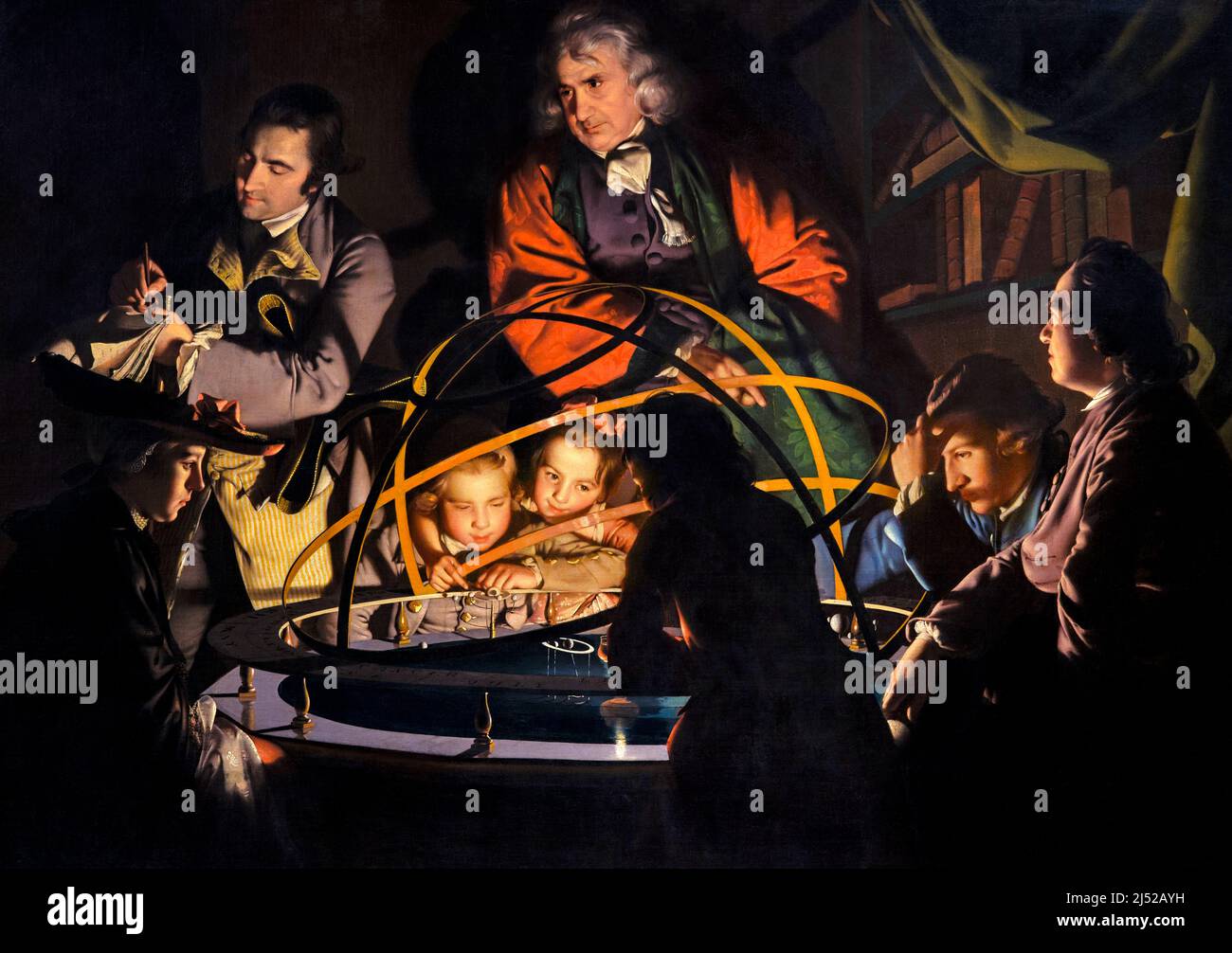 „Ein Philosoph, der diese Vorlesung über das Orrery gibt, in dem eine Lampe an die Stelle der Sonne oder des Orrery gesetzt wird“ von Joseph Wright von Derby (1734-1797), Öl auf Leinwand, c. 1766 Stockfoto
