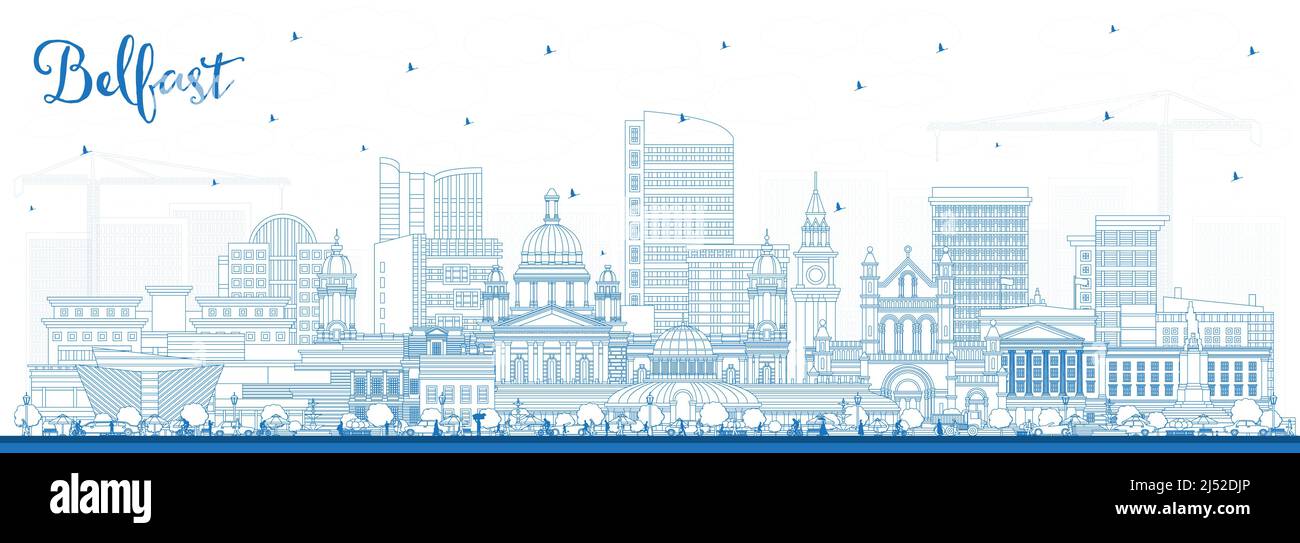 Umreißen Sie die Skyline von Belfast Northern Ireland City mit blauen Gebäuden. Vektorgrafik. Stadtbild von Belfast mit Wahrzeichen. Geschäftsreisen und Tourismus Stock Vektor