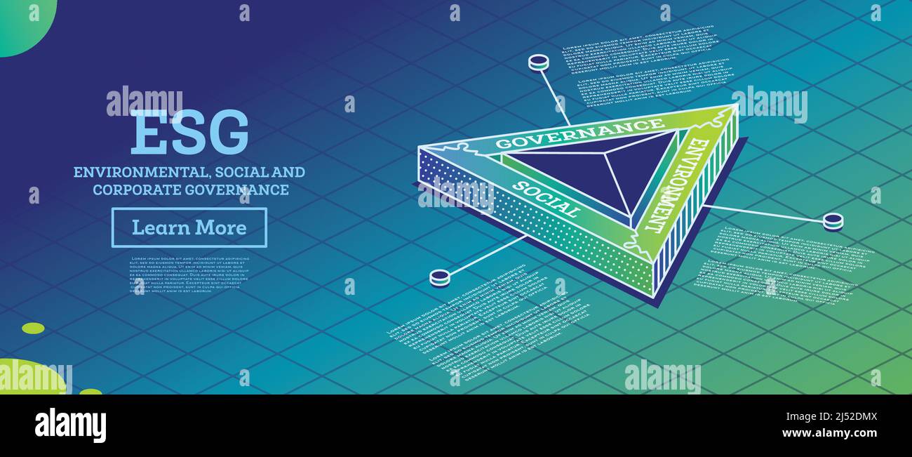 ESP-Konzept für Umwelt, Soziales und Governance. Vektorgrafik. Nachhaltige Entwicklung. Isometrisches Konzept. Grüne Farbe. Stock Vektor