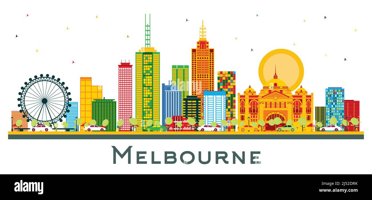 Skyline von Melbourne Australia City mit farbigen Gebäuden auf Weiß isoliert. Vektorgrafik. Stock Vektor
