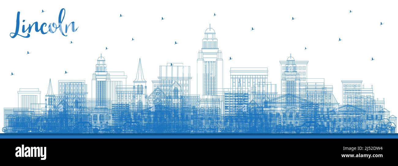 Umrisse Lincoln Nebraska City Skyline mit blauen Gebäude. Vector Illustration. Business Travel und Tourismus Konzept mit historischer Architektur. Stock Vektor